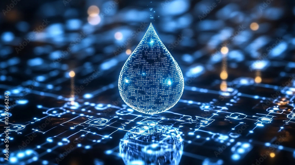 Poster digital water drop icon features cascading binary code, symbolizing the fusion of technology and nat