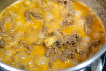 Traditional filet mignon stroganoff with mushrooms, French fries and rice