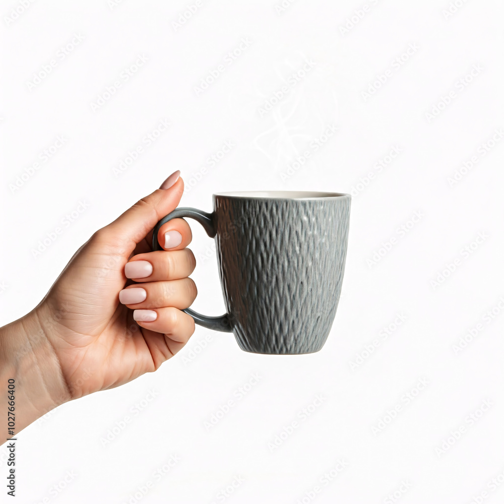 Wall mural woman hand holding gray ceramic coffee mug with steam on white background