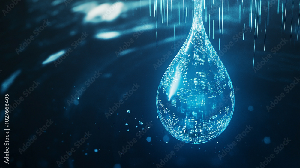 Poster digital water drop icon features cascading binary code, symbolizing the fusion of technology and nat