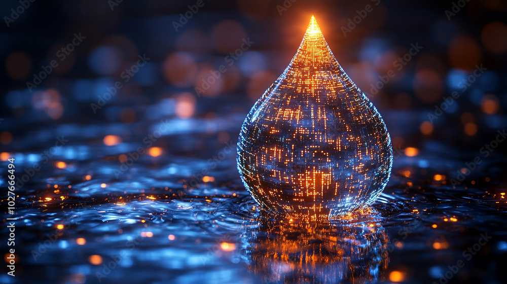 Poster digital water drop icon features cascading binary code, symbolizing the fusion of technology and nat