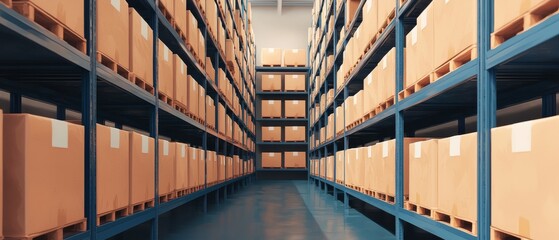 Fototapeta premium Warehouse interior with stacked boxes on metal shelves and clear aisles.