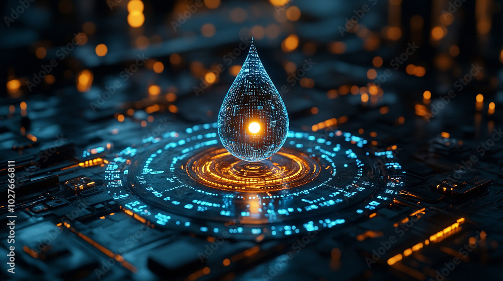 Poster digital water drop icon features cascading binary code, symbolizing the fusion of technology and nat