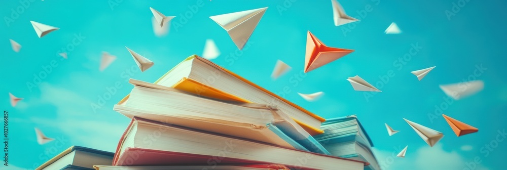 Poster colorful textbooks with vibrant paper planes in mid-flight, symbolizing creativity and knowledge in 
