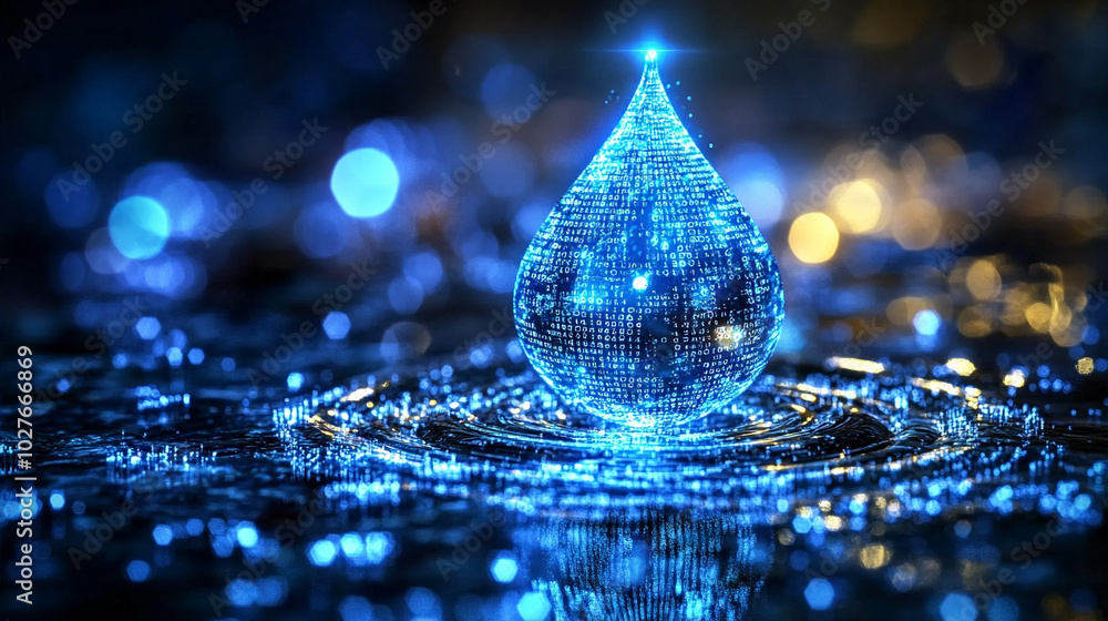 Poster digital water drop icon features cascading binary code, symbolizing the fusion of technology and nat