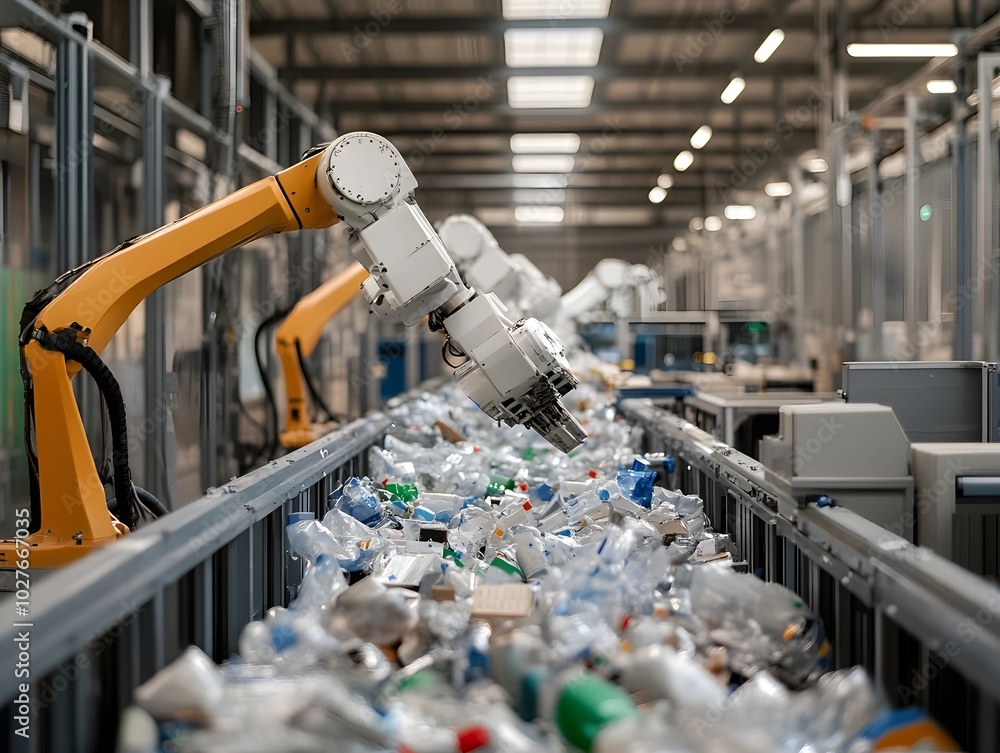 Poster automated recycling process with robotic arms sorting plastic waste in a modern facility for efficie
