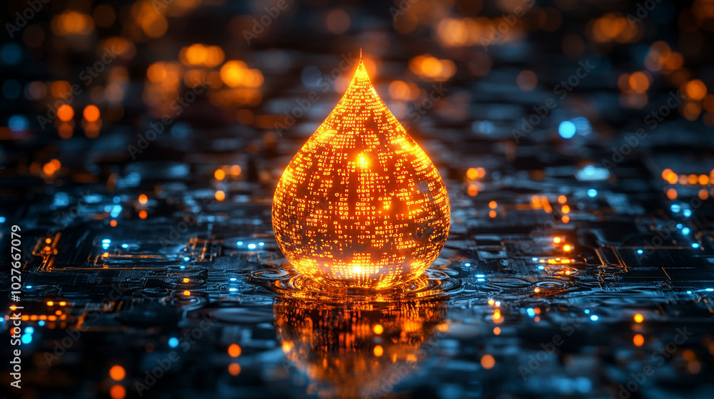 Poster digital water drop icon features cascading binary code, symbolizing the fusion of technology and nat
