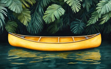 Yellow canoe on serene water surrounded by lush green leaves.