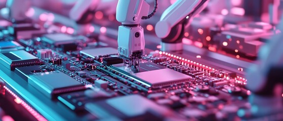Close-up of a robotic arm assembling electronic components on a circuit board in a vibrant, high-tech environment.