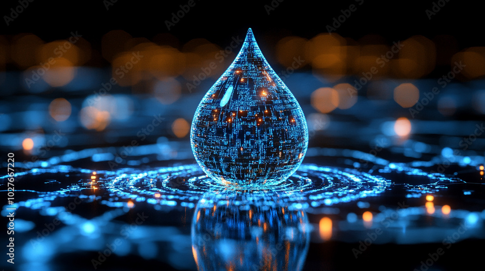 Poster digital water drop icon features cascading binary code, symbolizing the fusion of technology and nat