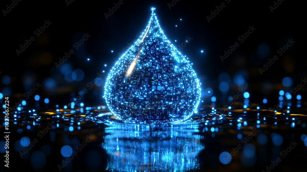 Aufkleber digital water drop icon features cascading binary code, symbolizing the fusion of technology and nat