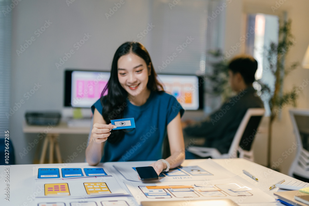 Poster focused asian ui/ux designer holding play button, designing mobile app in office with technology, pa