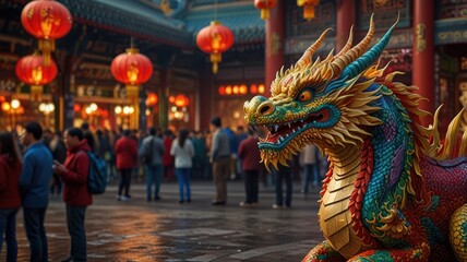 Fototapeta premium A colorful dragon statue sits in front of a temple with red lanterns and a crowd of people in the background.