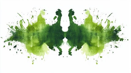 Abstract green watercolor symmetrical inkblot with splatters on white background.