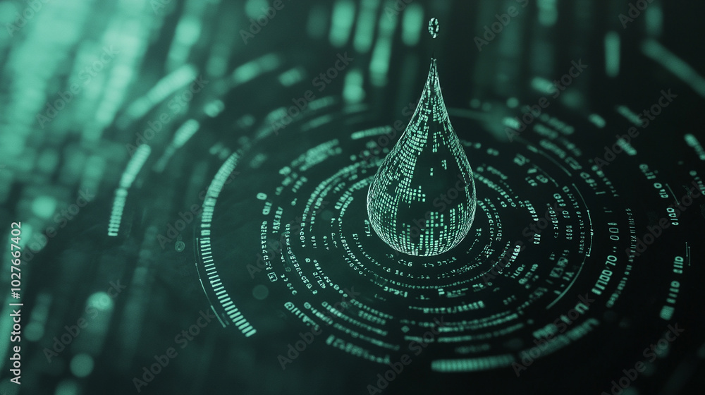 Poster digital water drop icon features cascading binary code, symbolizing the fusion of technology and nat