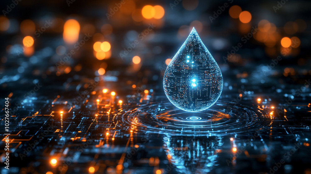Poster digital water drop icon features cascading binary code, symbolizing the fusion of technology and nat