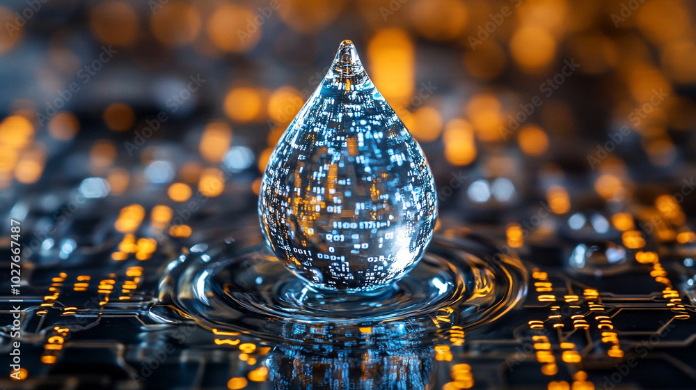Poster digital water drop icon features cascading binary code, symbolizing the fusion of technology and nat