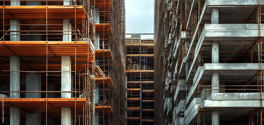 Poster construction site showing buildings under development, showcasing scaffolding and concrete structure