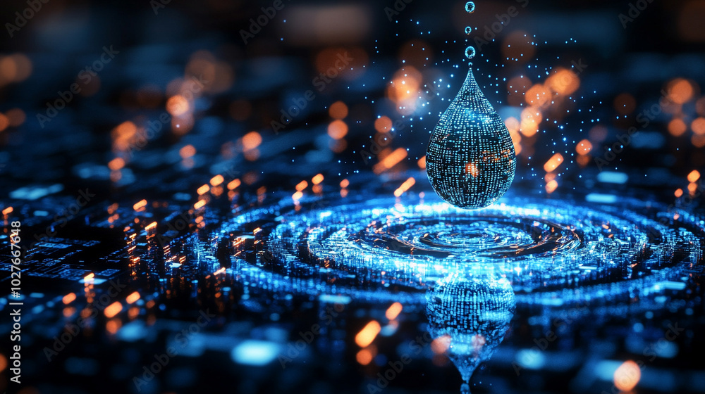 Poster digital water drop icon features cascading binary code, symbolizing the fusion of technology and nature, representing data flow and innovation in the digital age