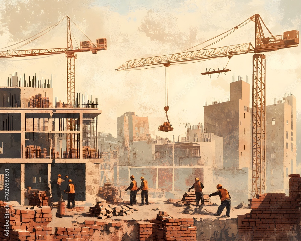 Poster construction site with workers and cranes, showcasing progress in urban development and the building