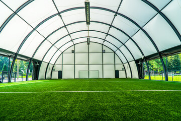 interior of a covered football pitch with grass and a football goal in the middle, light and space, grass roof, football stadium,