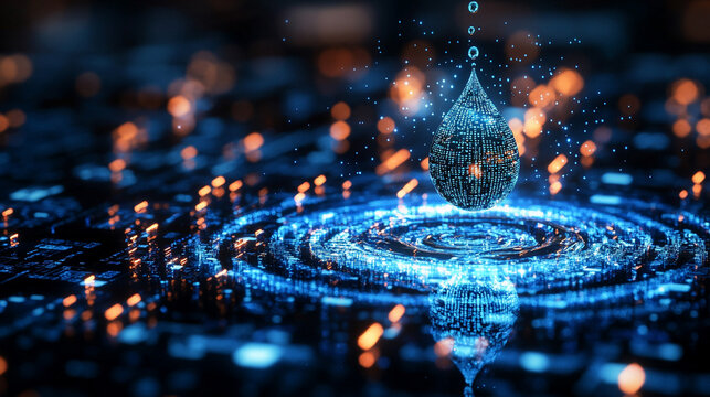 digital water drop icon features cascading binary code, symbolizing the fusion of technology and nature, representing data flow and innovation in the digital age