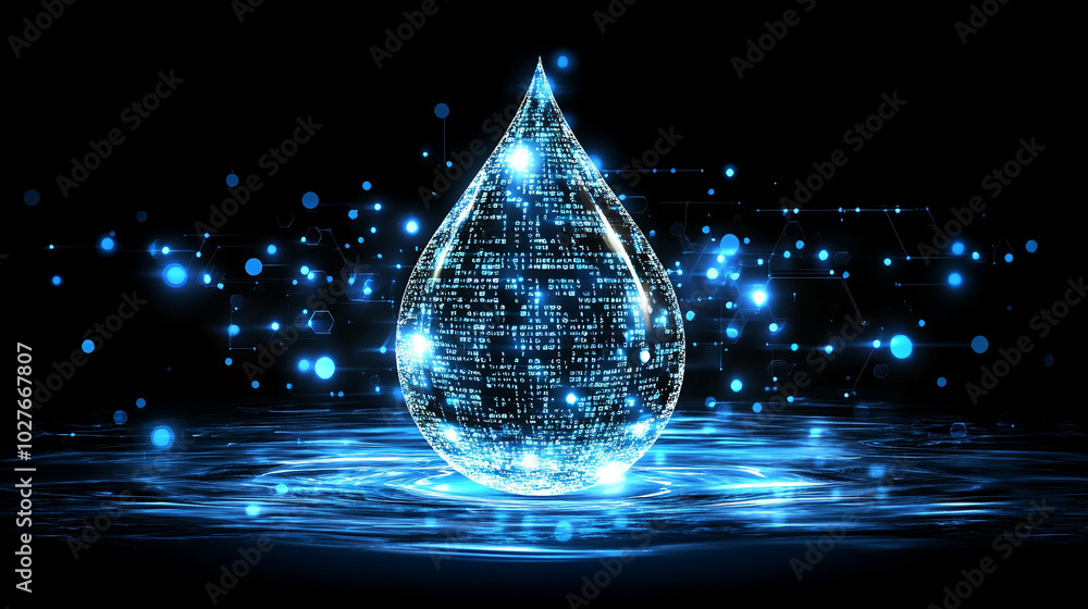Poster digital water drop icon features cascading binary code, symbolizing the fusion of technology and nat
