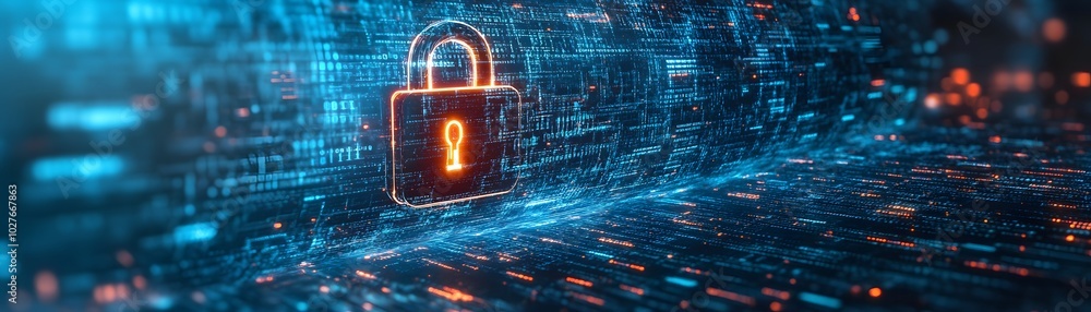 Poster digital lock symbolizing cybersecurity and protection in a high-tech environment with glowing data s