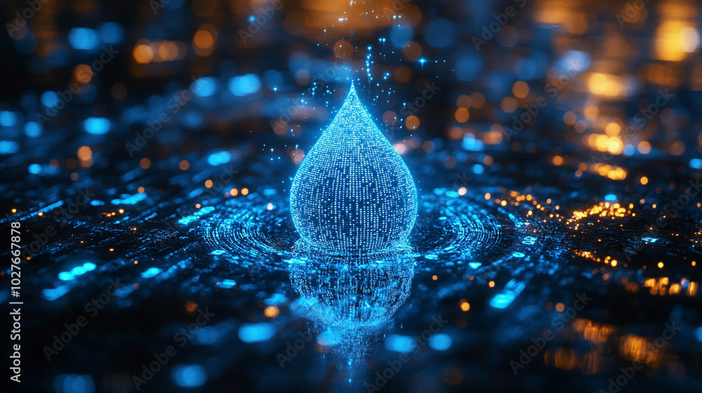 Poster digital water drop icon features cascading binary code, symbolizing the fusion of technology and nat