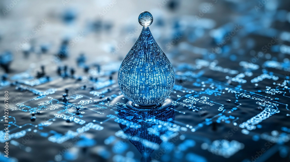Poster digital water drop icon features cascading binary code, symbolizing the fusion of technology and nature, representing data flow and innovation in the digital age