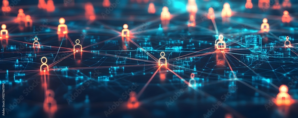 Poster digital network connection with glowing human figures and lines representing online communication an