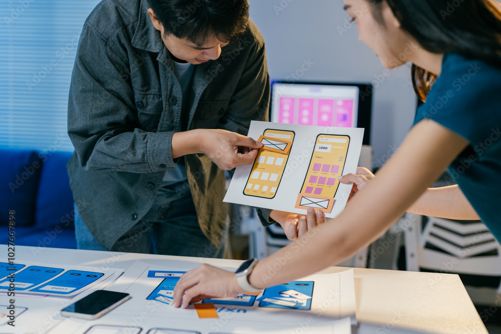 Poster Two asian designers collaborate on a mobile app in a busy office. They focus on user experience and interface design, using their expertise in web development