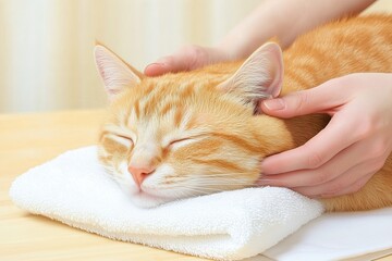 A Calming Environment Where a Healer Provides Reiki to a Content Orange Cat in Pastel Colors