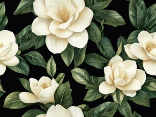 Magnolia flowers on a black background, vibrant and elegant, seamless pattern.