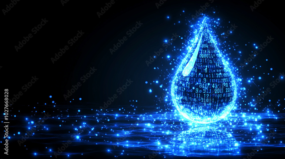 Poster digital water drop icon features cascading binary code, symbolizing the fusion of technology and nat
