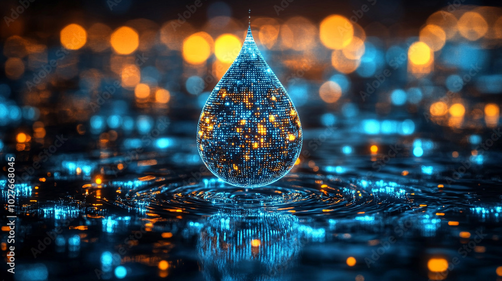 Poster digital water drop icon features cascading binary code, symbolizing the fusion of technology and nat