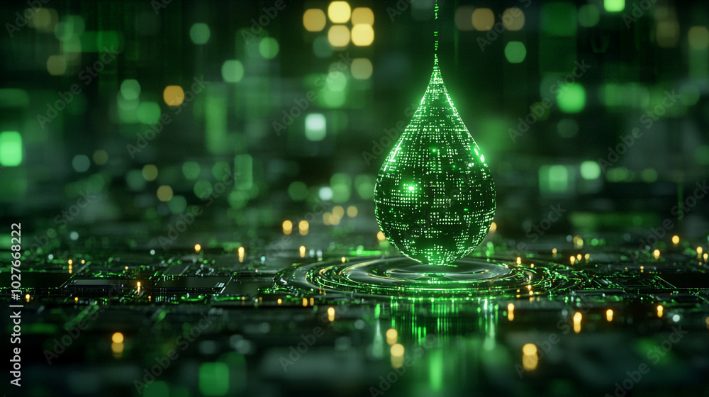 Poster digital water drop icon features cascading binary code, symbolizing the fusion of technology and nat