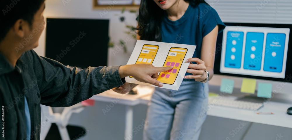 Leinwandbilder two asian ui/ux designers are discussing a new mobile app interface design, holding a wireframe with