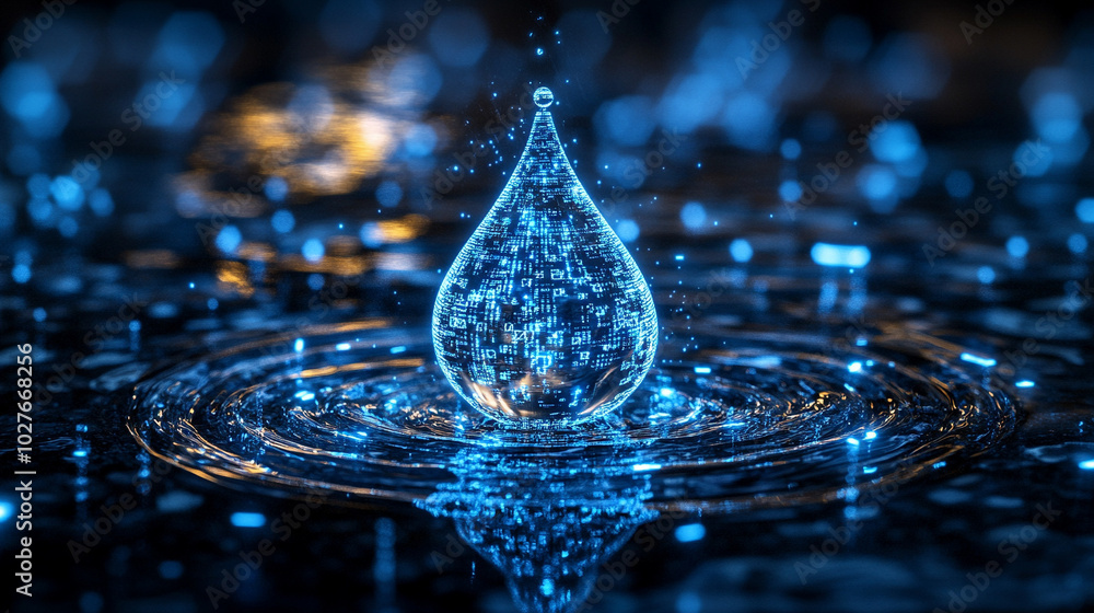 Poster digital water drop icon features cascading binary code, symbolizing the fusion of technology and nat