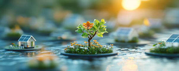 Carbon neutral solar farm, promoting eco-friendly energy and sustainability, 3D illustration