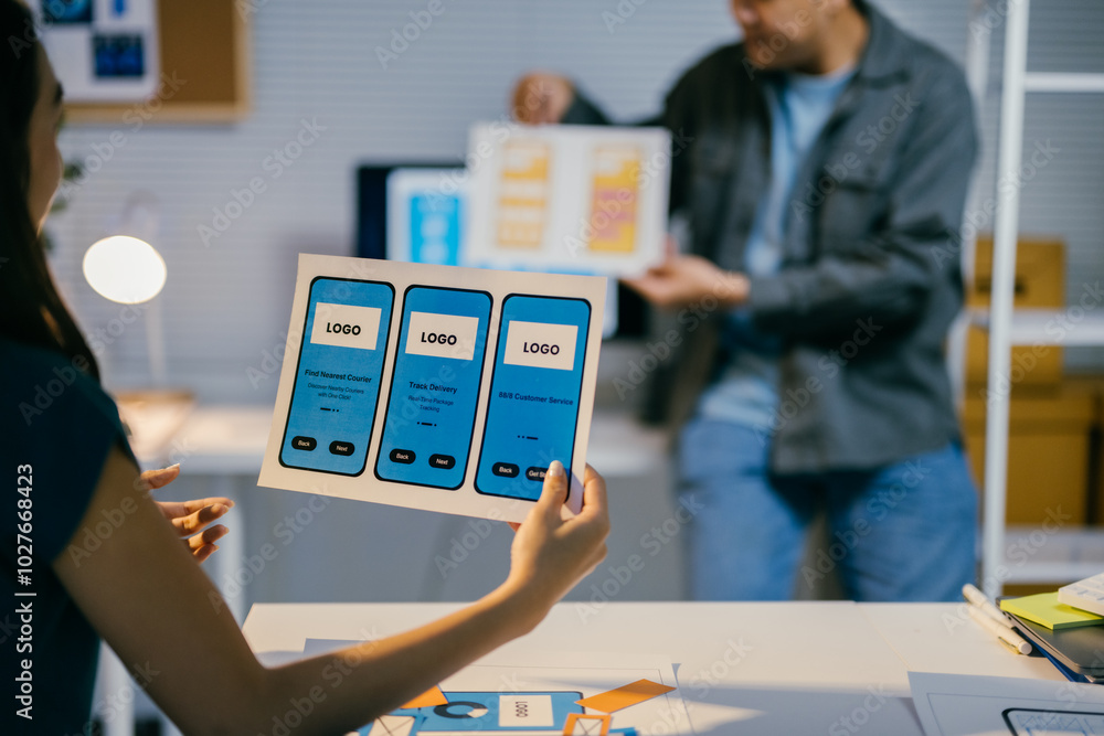 Poster Two ui/ux designers holding sketches of a mobile application interface, exchanging ideas and working together in the office