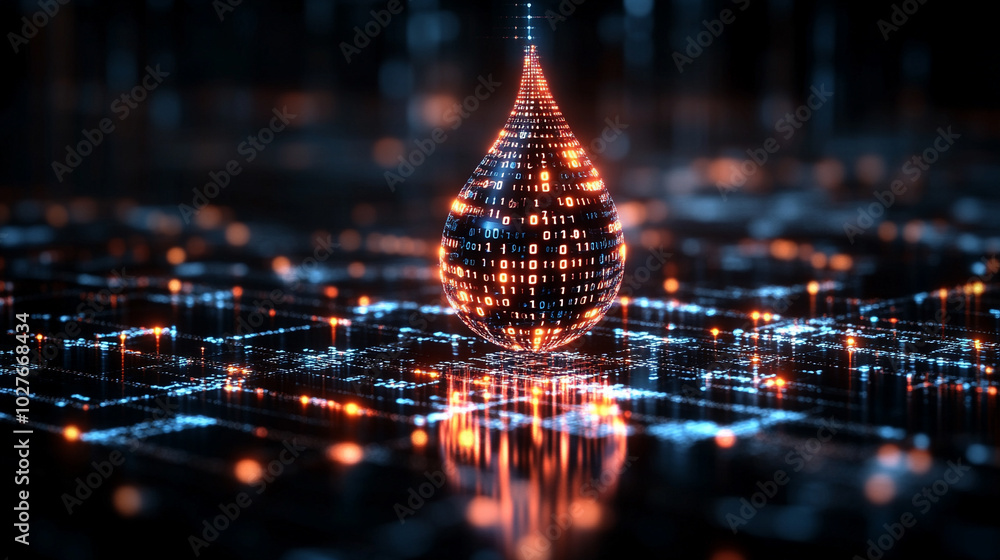 Poster digital water drop icon features cascading binary code, symbolizing the fusion of technology and nature, representing data flow and innovation in the digital age