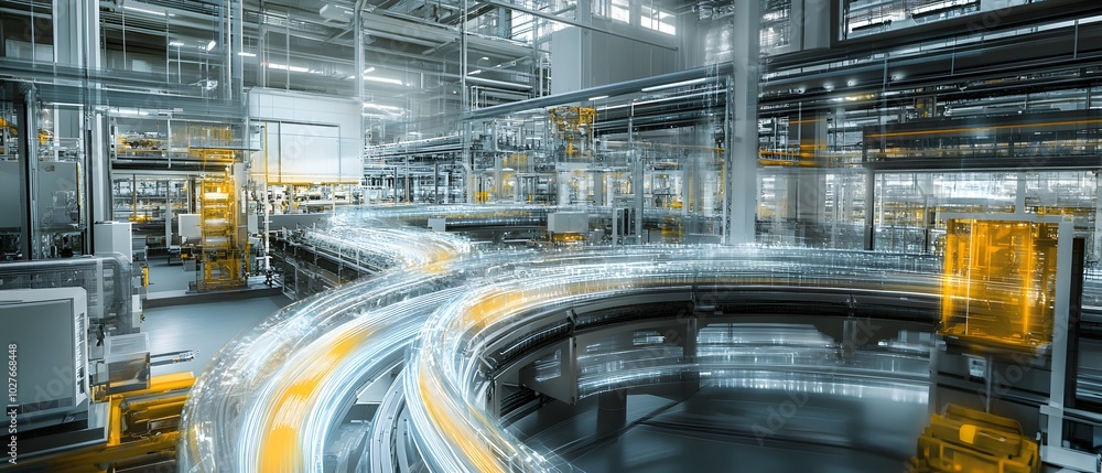Poster futuristic conveyor system in a high-tech warehouse, showcasing automation and efficiency in a moder