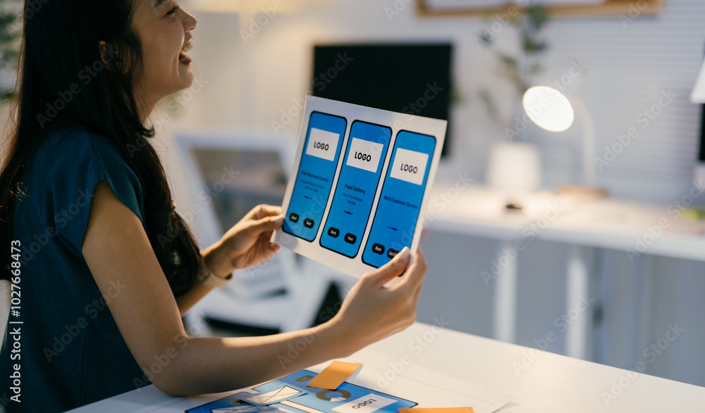 Poster Asian woman ux ui designer working on application prototype, designing software and using wireframe user interface for mobile phone in office
