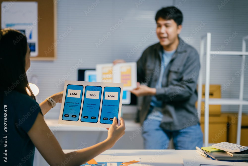 Poster Two enthusiastic ui/ux designers are reviewing mobile application layouts during a design process meeting, holding paper prototypes