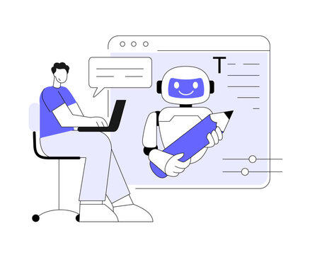 man using laptop with robot and pencil clip art preview