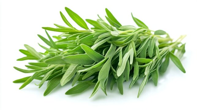 A close-up of fresh tarragon sprigs with their narrow, pointed leaves, isolated on a white background