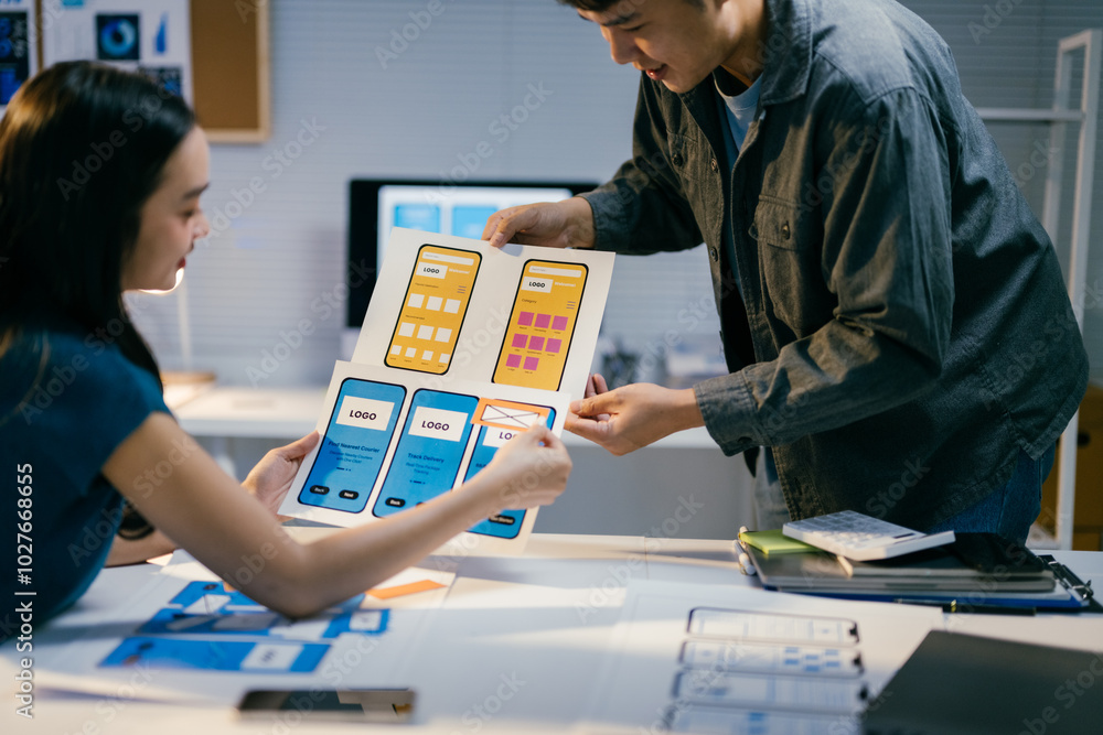 Poster two asian ui ux designers working together in office, carefully reviewing mobile app interface wiref