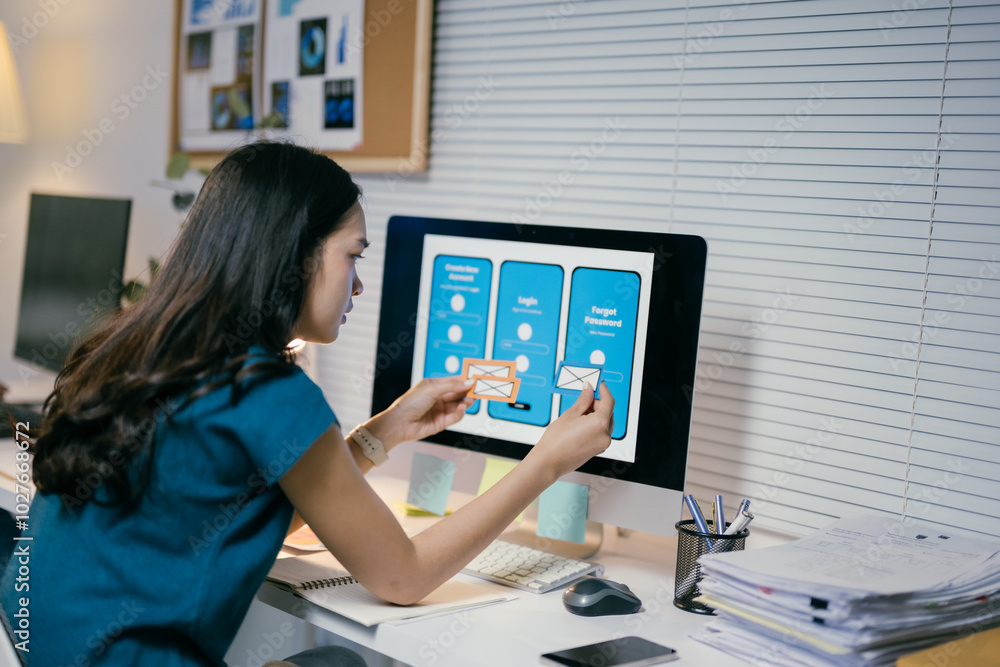 Poster young asian female designer is working on a mobile application prototype, arranging wireframes on he