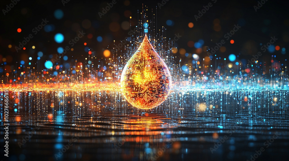 Poster digital water drop icon features cascading binary code, symbolizing the fusion of technology and nat